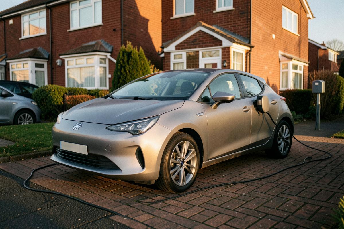 Electric hatchback charging on a suburban British driveway at golden hour
