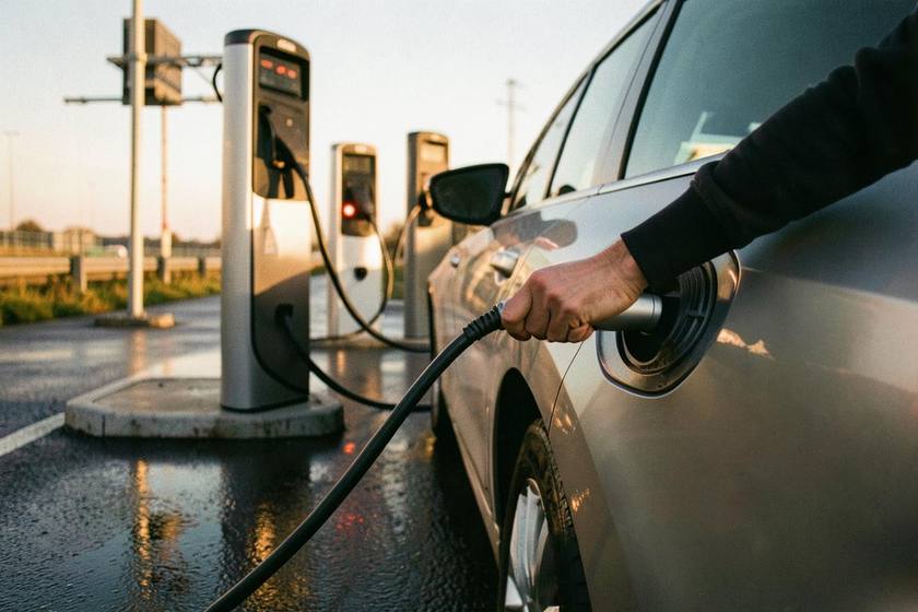 Driver plugging a cable into an electric car at a UK motorway services rapid charger