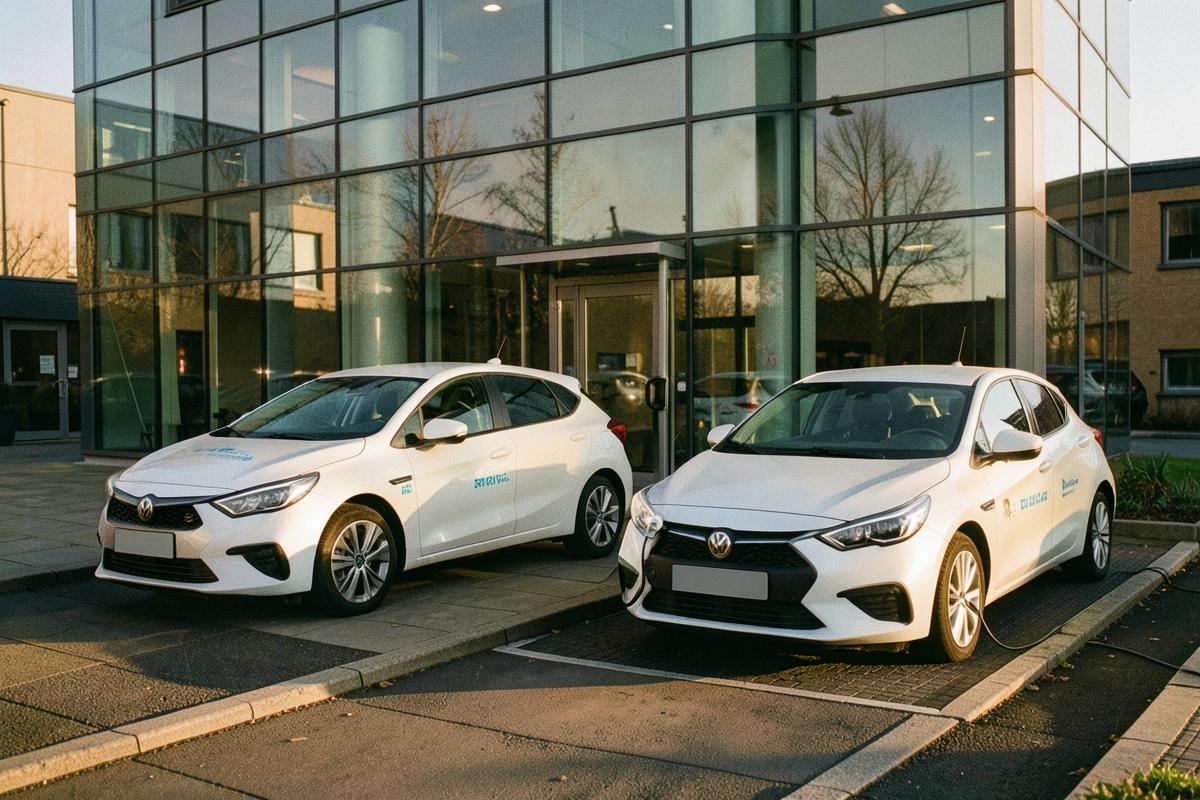 Two electric company cars parked outside a modern UK office, one plugged in