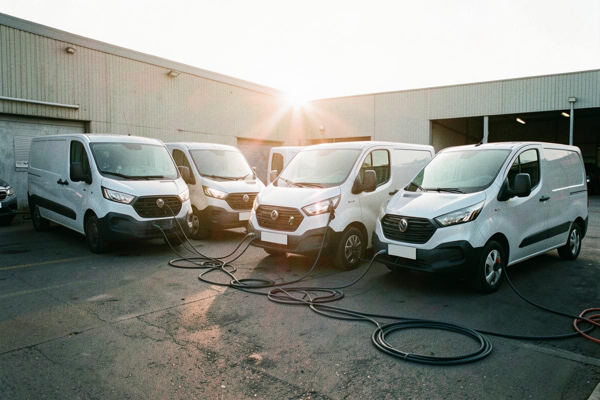Row of electric vans charging in a UK business depot yard