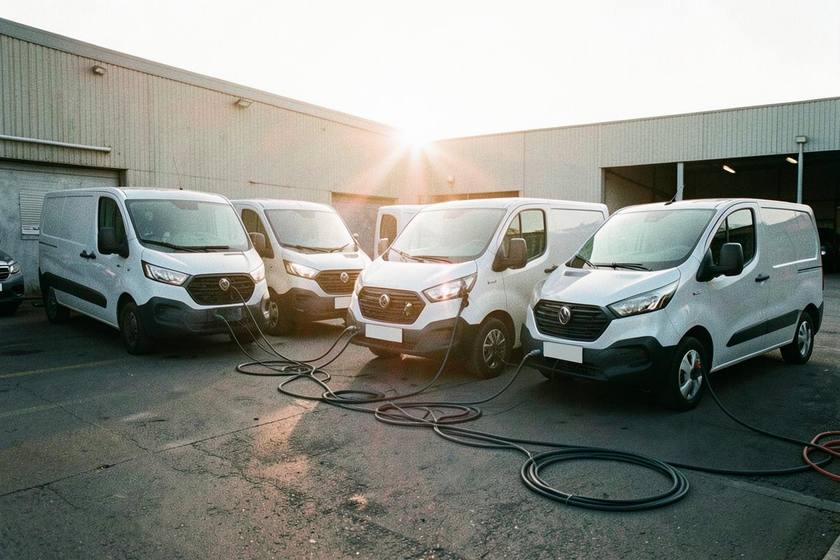 Row of electric vans charging in a UK business depot yard