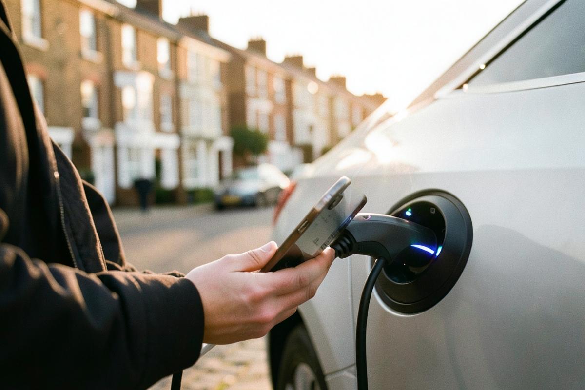 Person holding a phone beside an electric car charging on a British terraced street