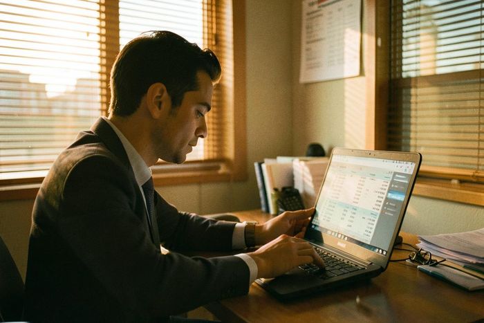 Finance professional reviewing payroll figures on a laptop in warm late afternoon light