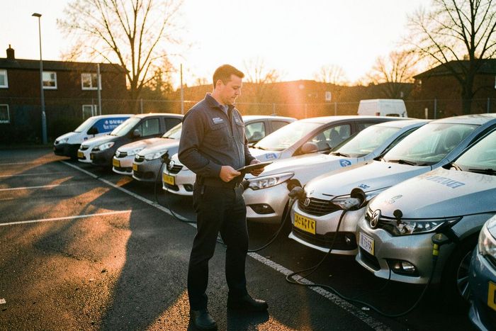 Fleet manager with a tablet beside electric company cars on charge at sunset