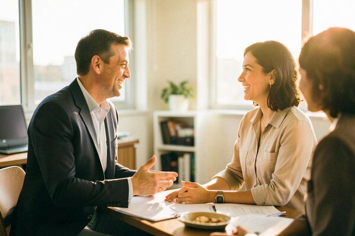 HR lead talking with an employee in a sunlit office at golden hour