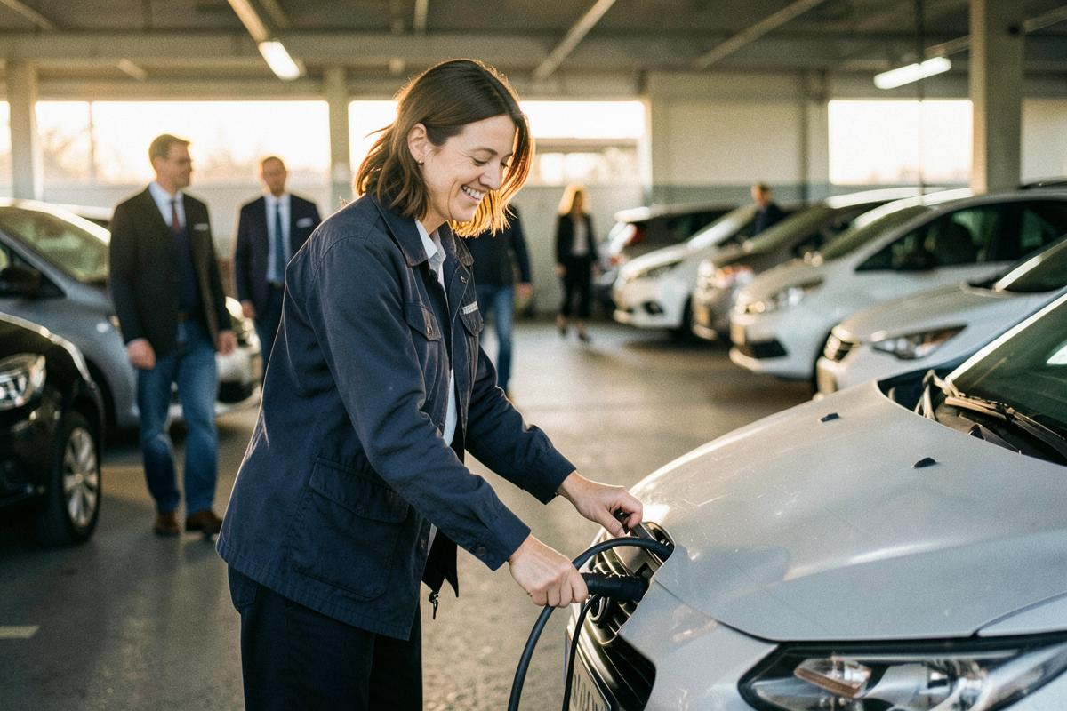 Smiling employee plugging in an electric car in a workplace car park