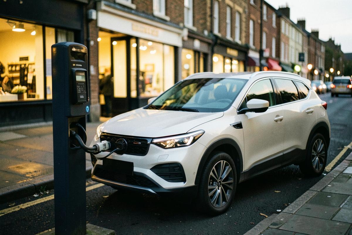 Electric car plugged into a public charger on a British high street