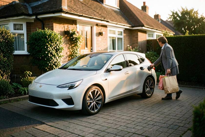 Person carrying shopping past an electric car charging on a driveway