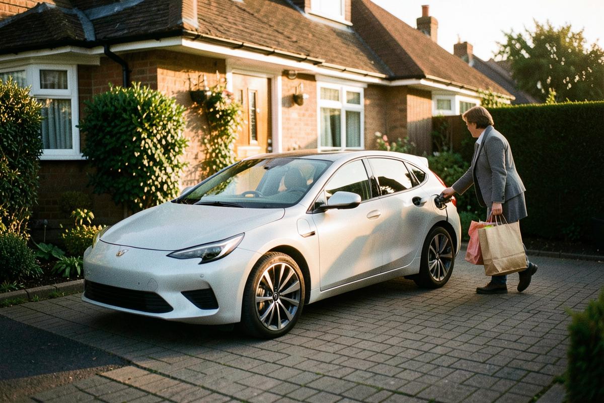 Person carrying shopping past an electric car charging on a driveway
