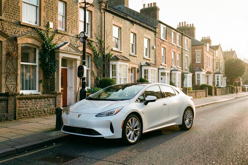 Electric car parked by a lamp-post charger on a street of terraced houses