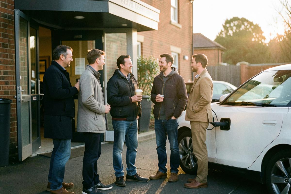 Colleagues chatting beside an electric car charging outside a UK workplace