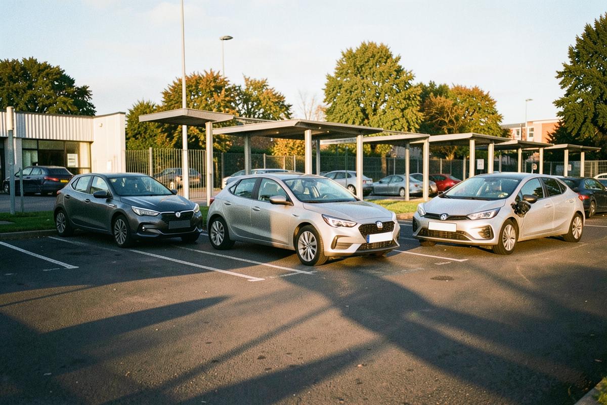 Three electric cars in charging bays at a UK business park
