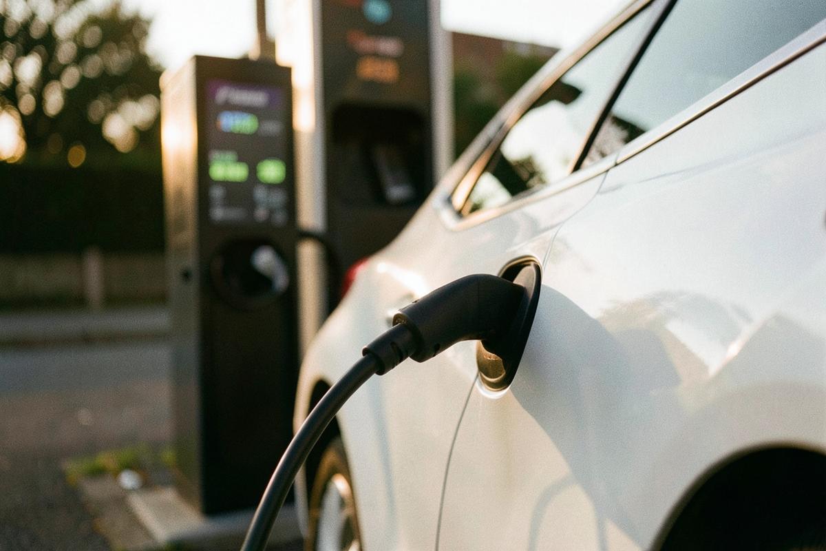 Close-up of a charging cable plugged into an electric car at a UK charge point