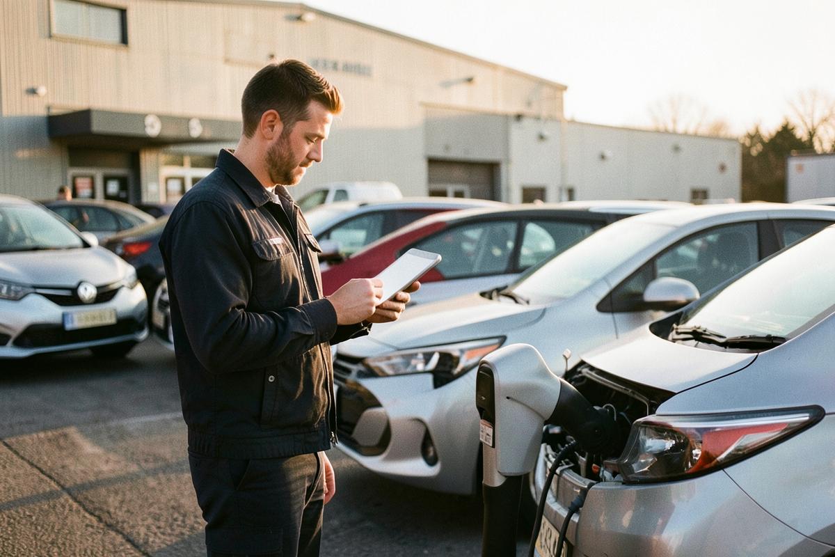 Fleet manager with a tablet beside electric cars charging at a depot
