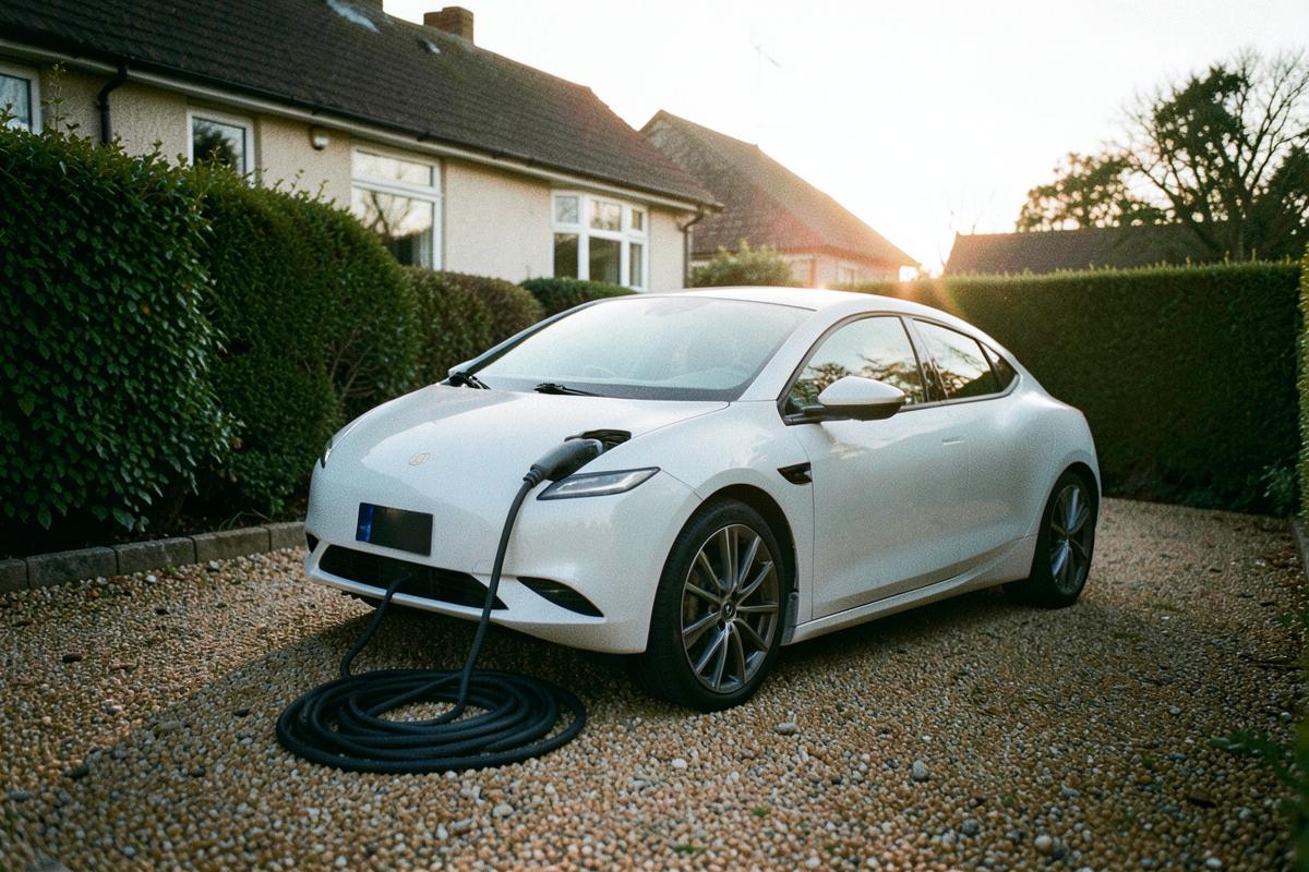 Electric car charging on the gravel driveway of a UK home