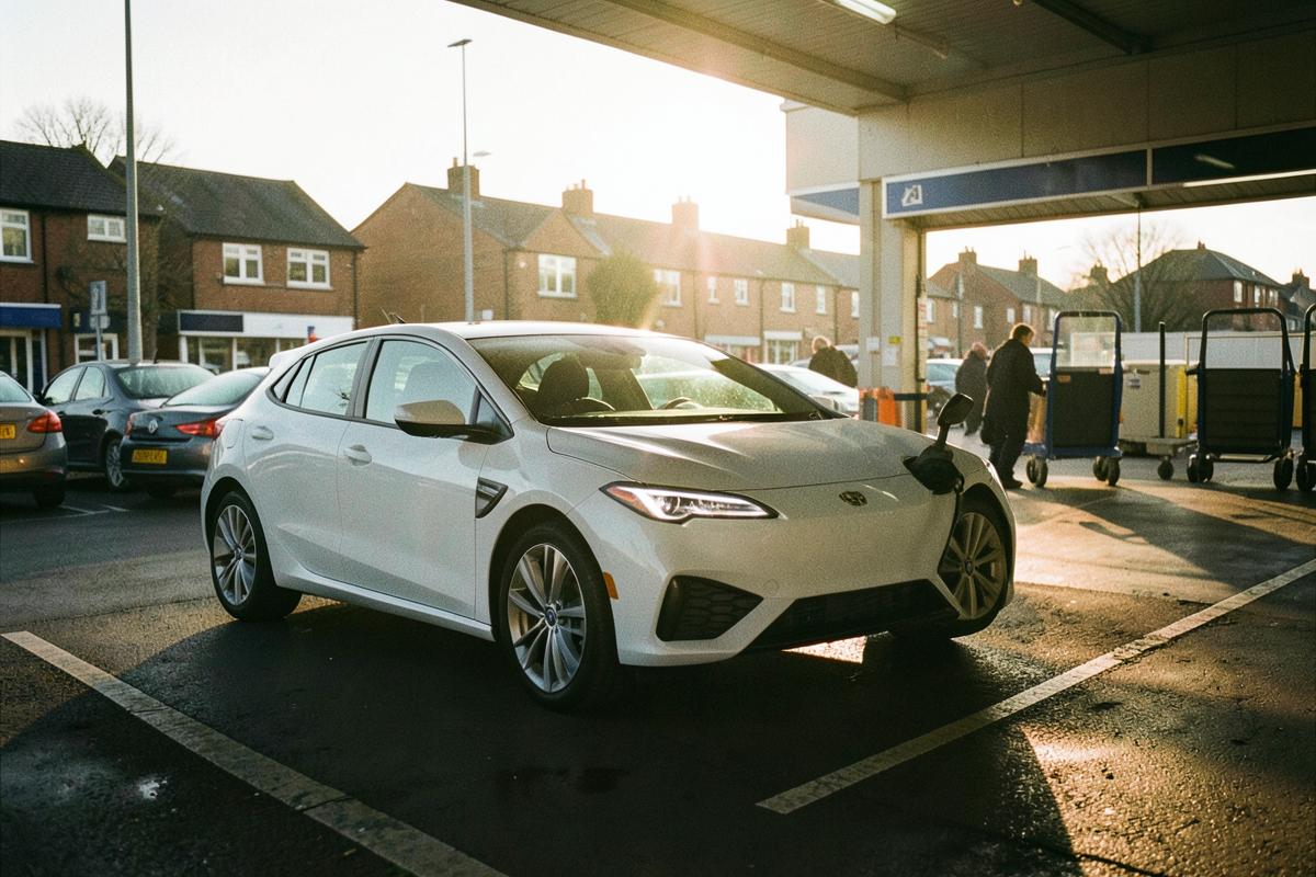 Electric car charging in a supermarket car park bay in a British town