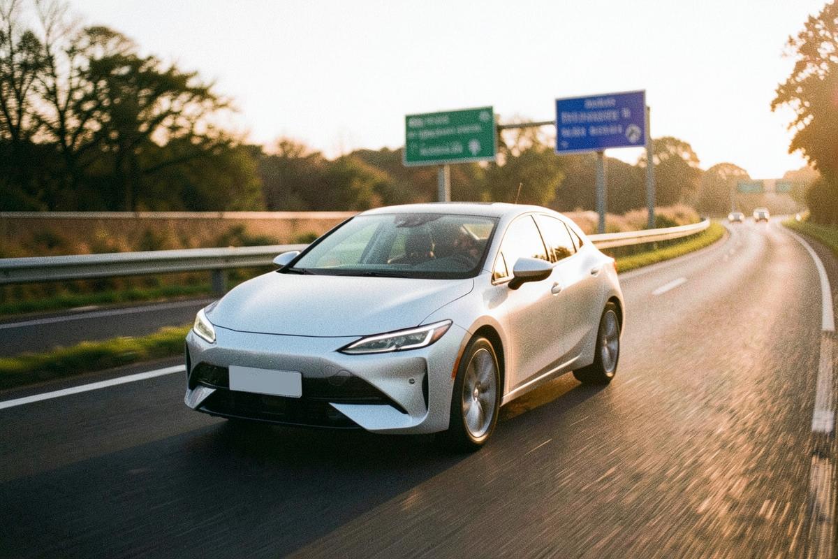 Electric car driving on a British dual carriageway at golden hour