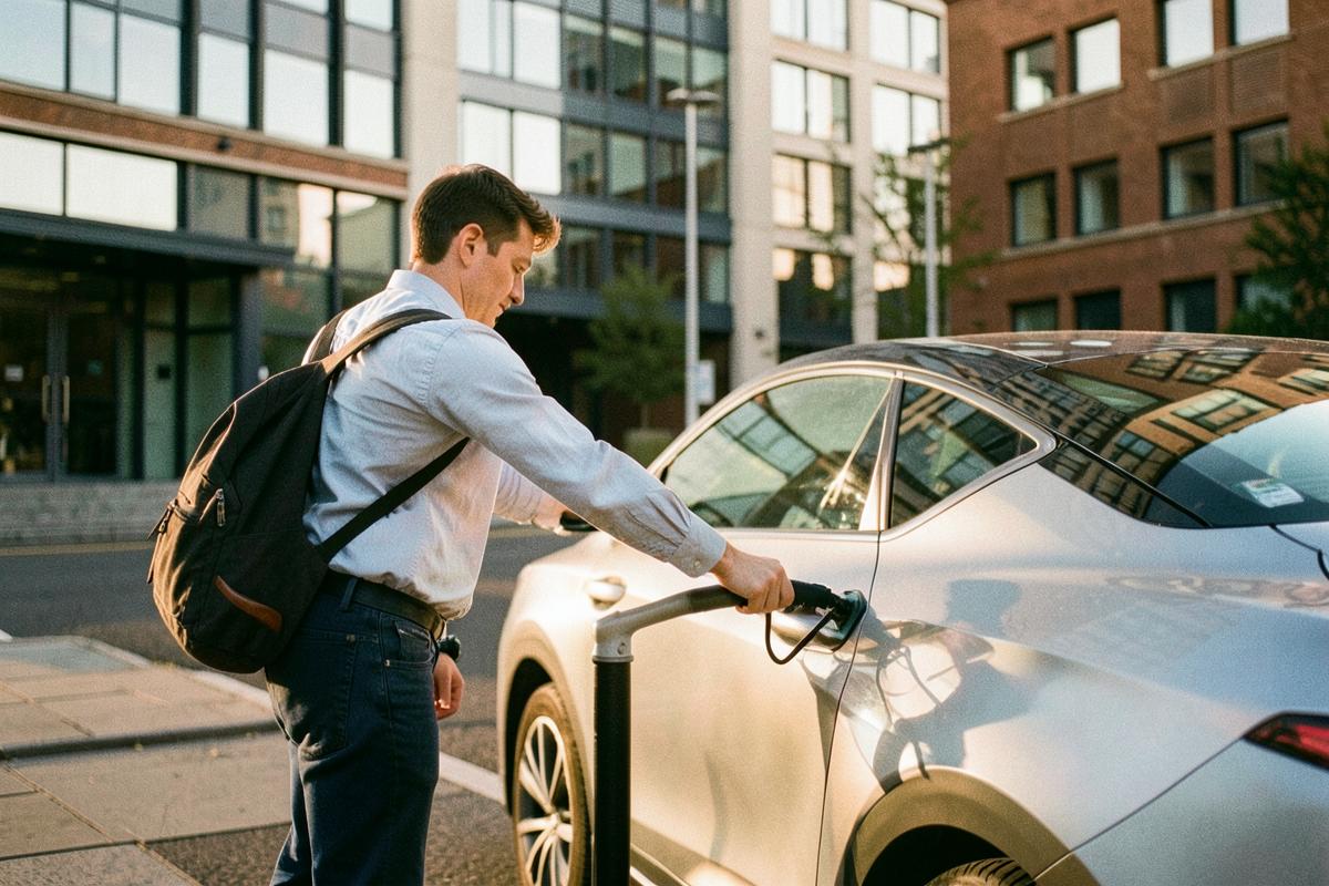 Employee plugging in an electric car outside a modern UK office block