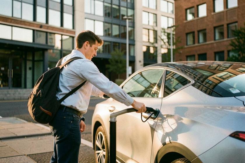 Employee plugging in an electric car outside a modern UK office block