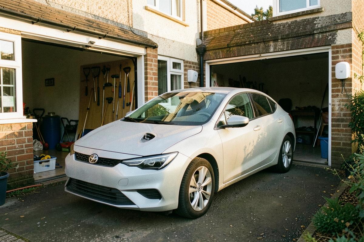 Electric car charging at a home wallbox beside an open garage