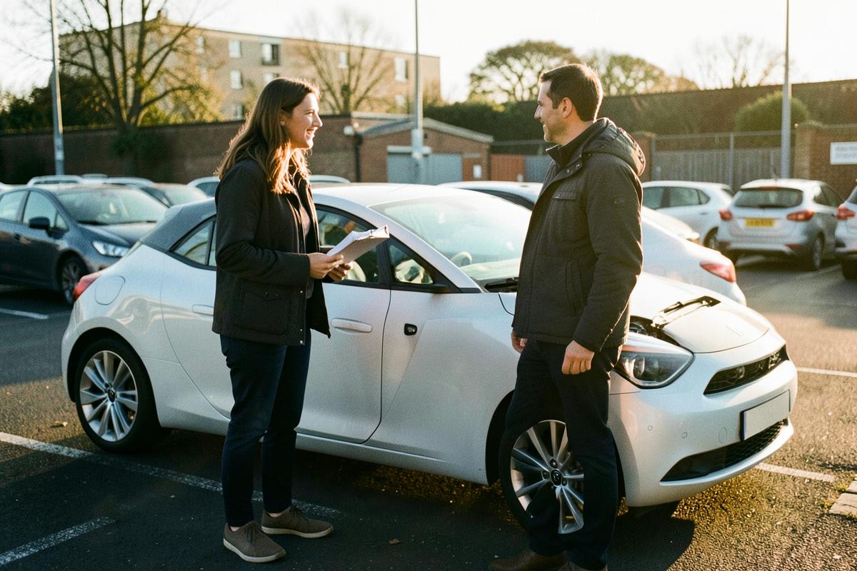 Two colleagues talking beside a charging electric car in a workplace car park