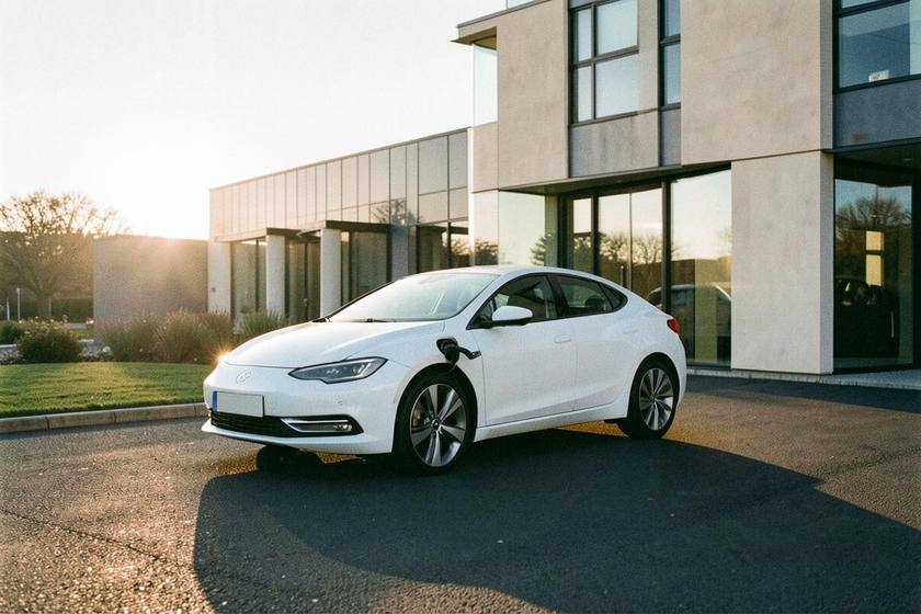 Electric car charging in front of a contemporary UK building at sunset