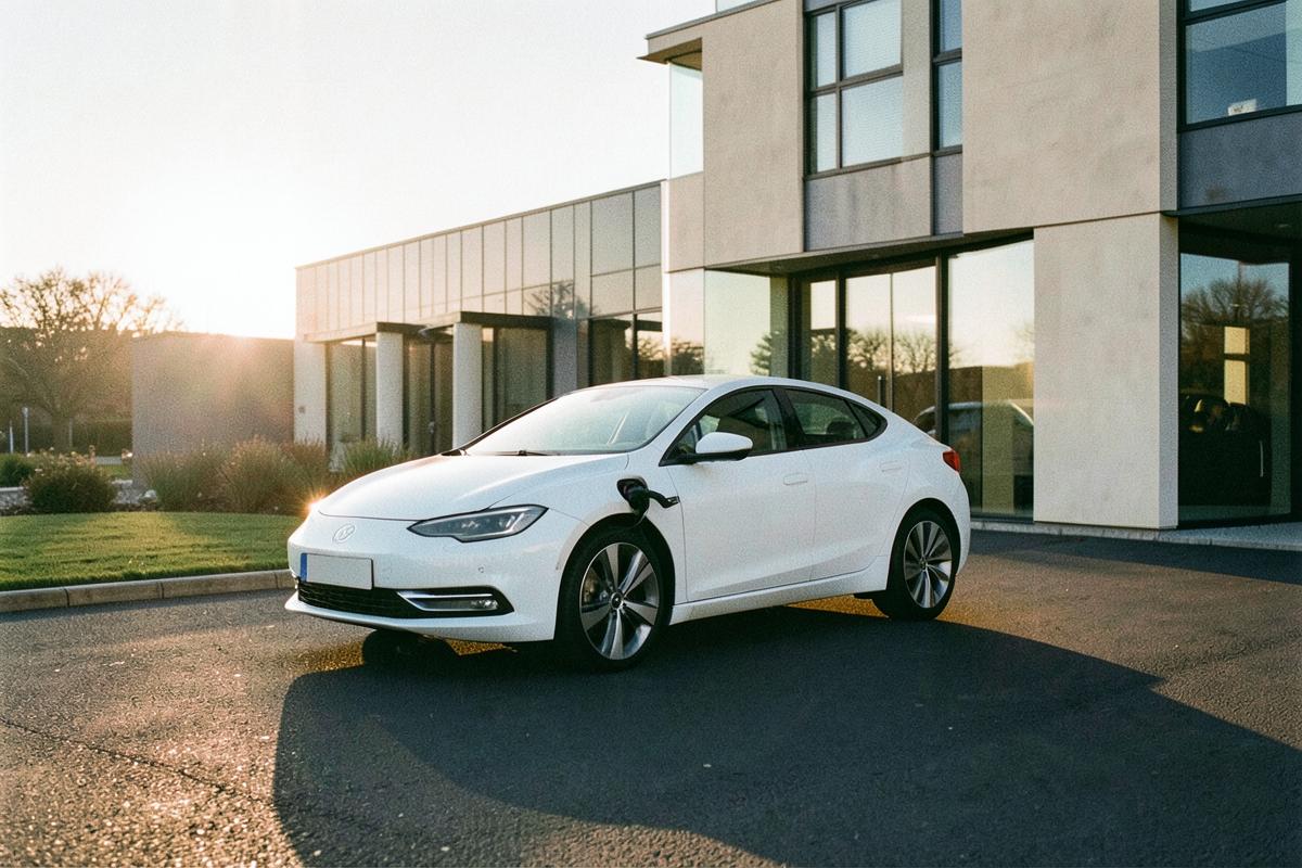 Electric car charging in front of a contemporary UK building at sunset