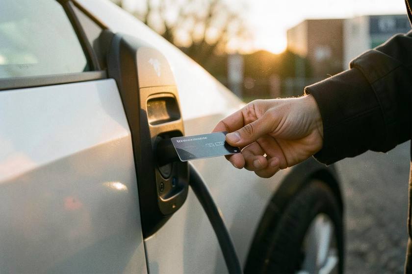 Driver holding a charging card beside an electric car