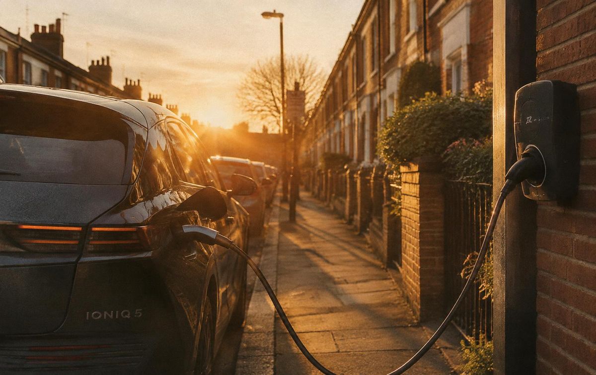Electric car charging on a UK residential street at golden hour
