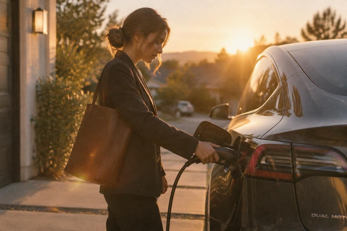 Driver plugging a charging cable into their electric car on a driveway at golden hour
