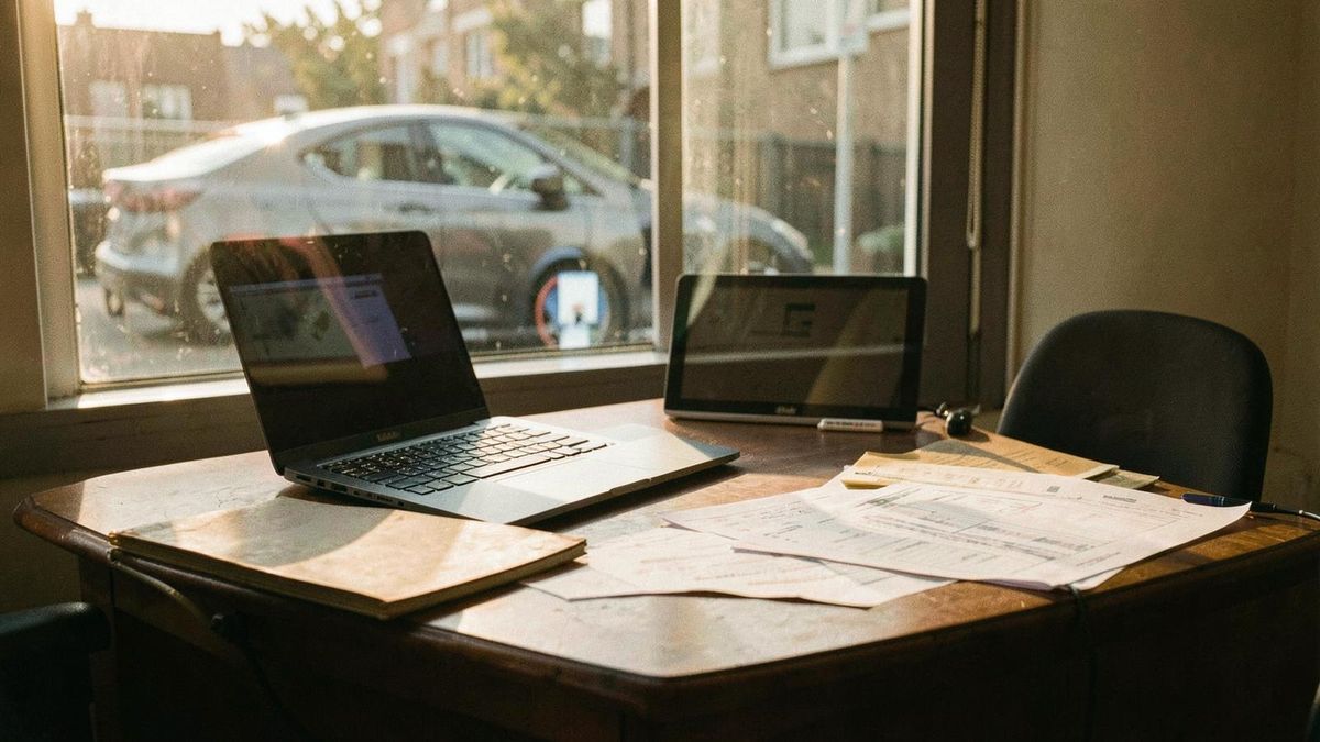 Finance desk with laptop and paperwork at golden hour, an electric car charging outside the window