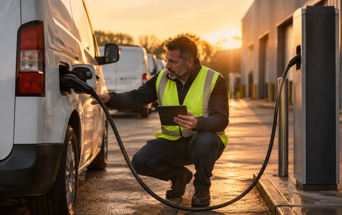 Row of electric company cars plugged into chargers in a car park at sunset