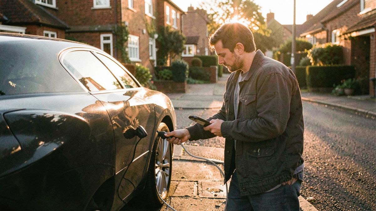 Driver plugging in their electric car at golden hour while checking their phone