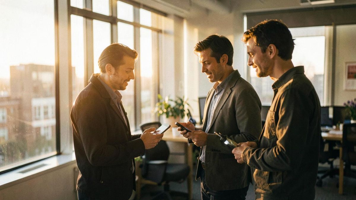 Colleagues in a sunlit office at golden hour checking an EV charging app on a phone