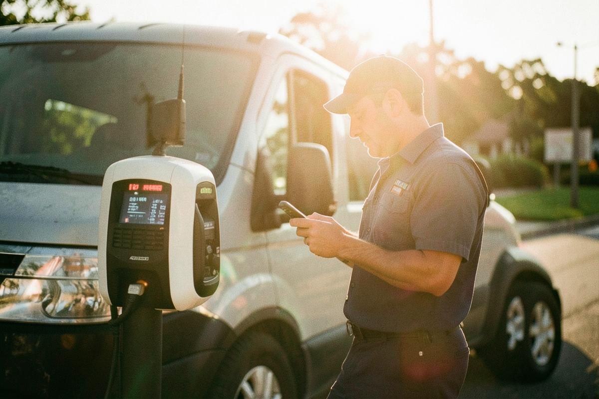 Fleet driver checking business mileage on a phone beside an electric van on charge at golden hour