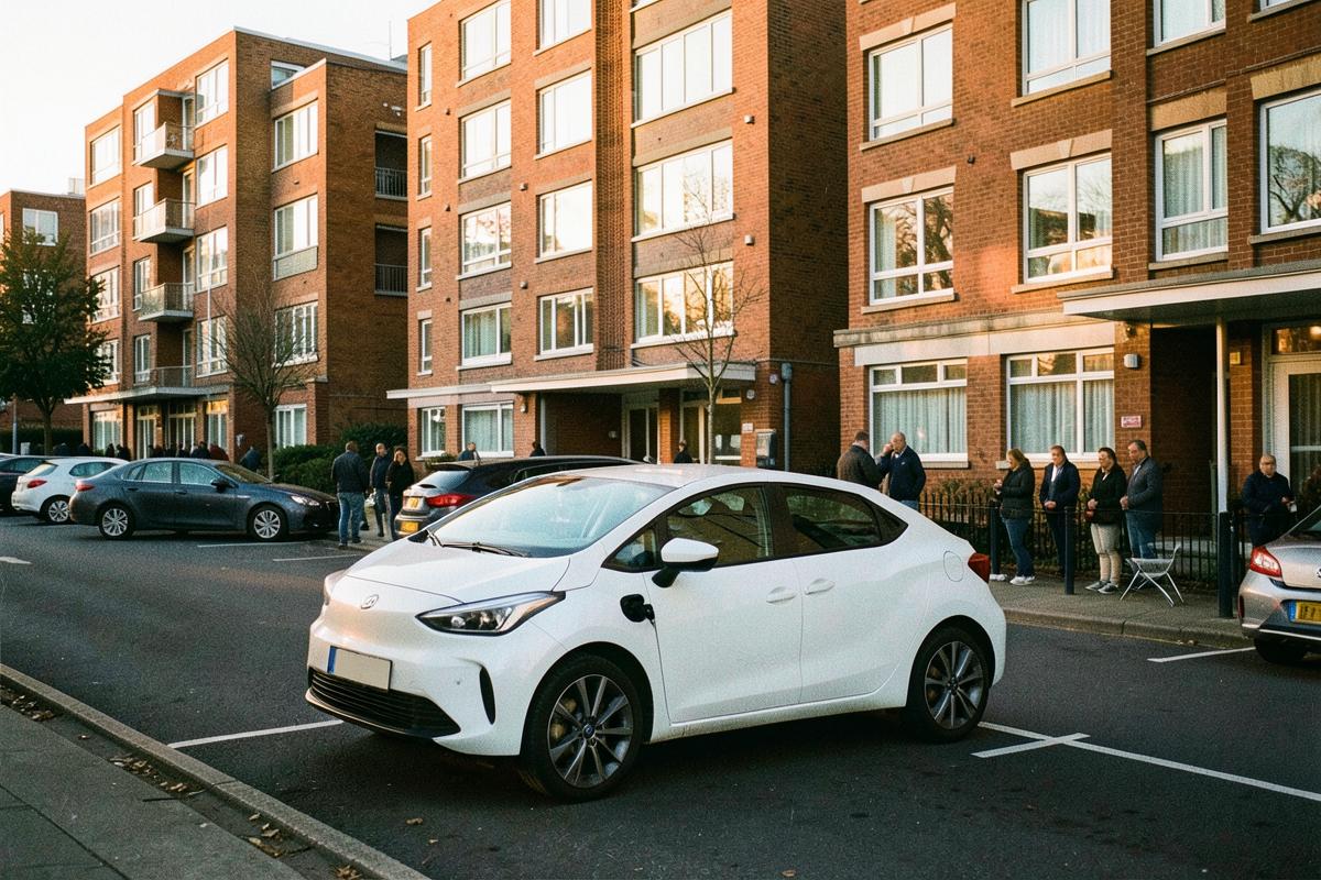 Electric car charging outside a UK block of flats