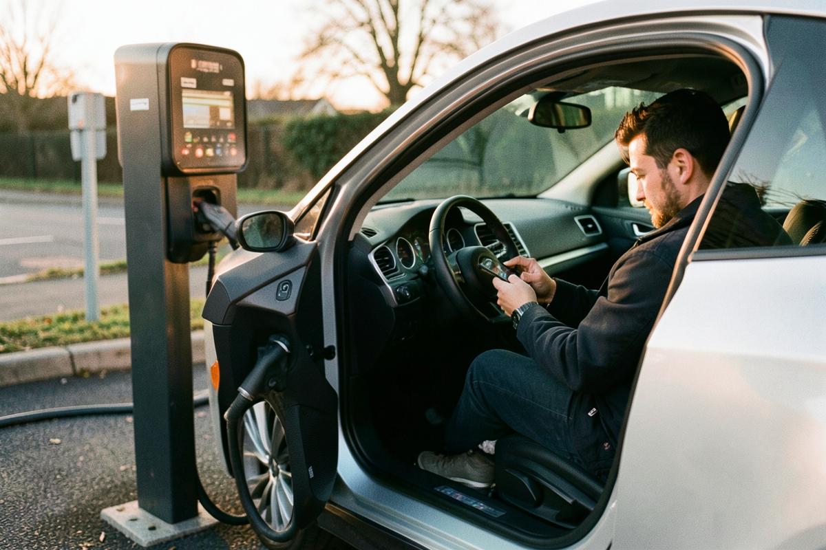 Driver checking a phone in an electric car parked at a UK charge point