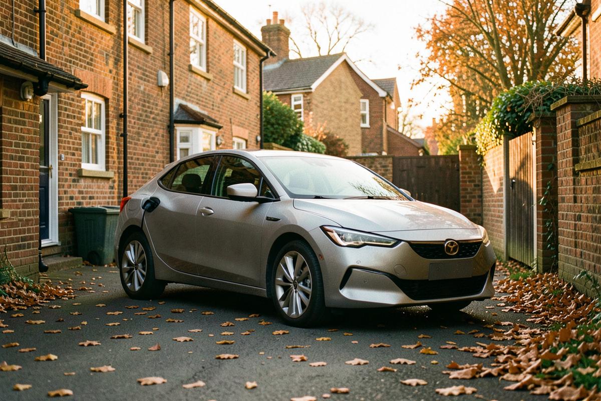 Electric car charging on a driveway in a British cul-de-sac