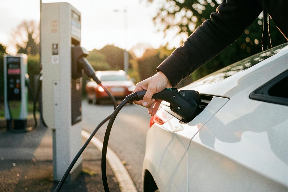 Person lifting a rapid charging cable beside an electric car