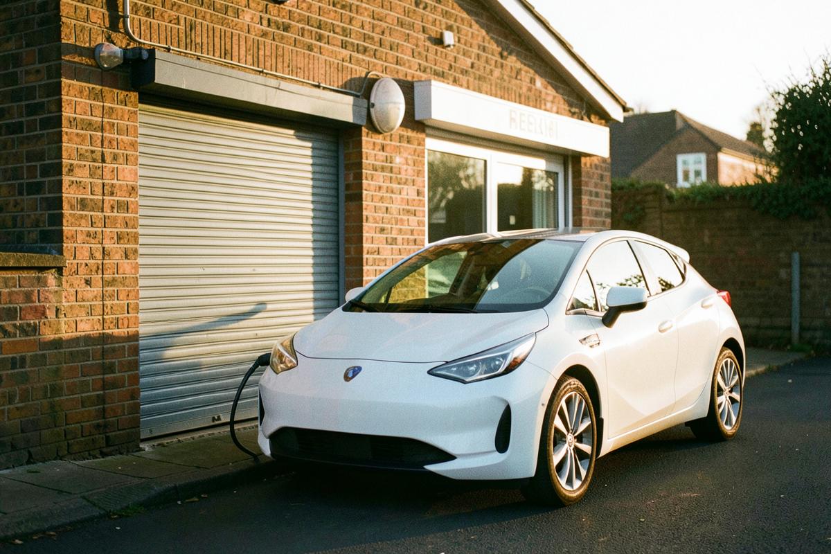 Electric car charging behind a small UK business premises