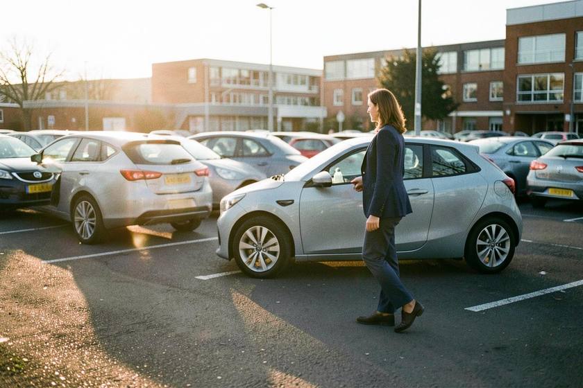 Woman walking to her charging electric car in a UK office car park