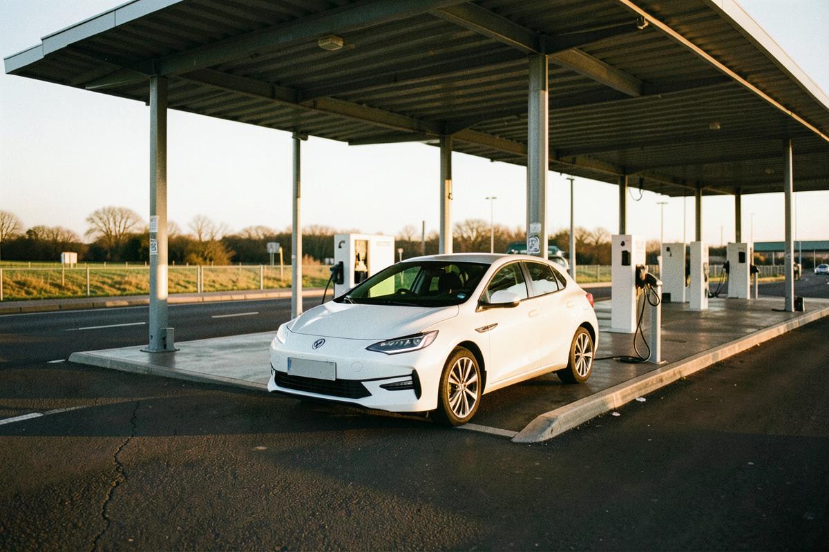 Electric car charging at a covered rapid charging forecourt