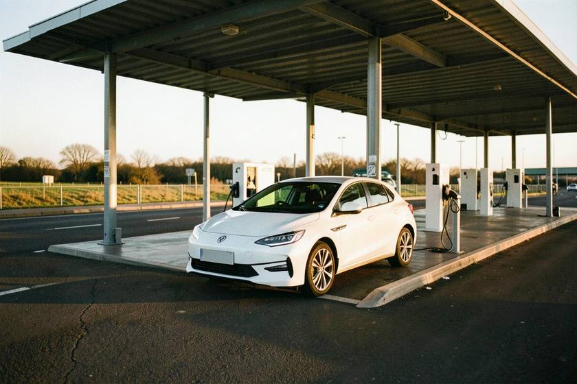 Electric car charging at a covered rapid charging forecourt