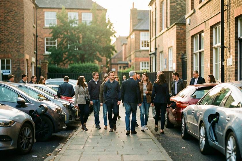 Employees walking past electric cars charging outside a UK workplace