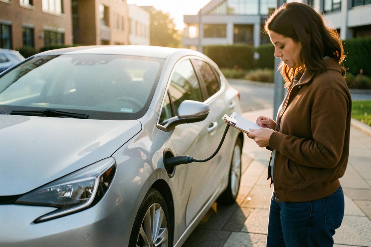 Person with a clipboard beside an electric car plugged into a workplace charger