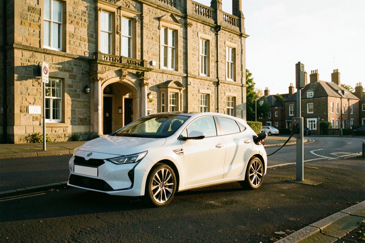 Electric car charging at a public bay outside a British town hall