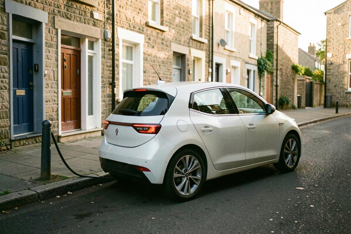 Electric car charging from a kerbside post on a narrow terraced street
