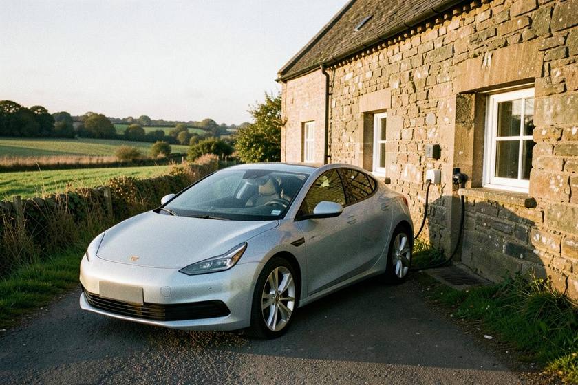 Electric car charging outside a stone cottage on a rural British lane