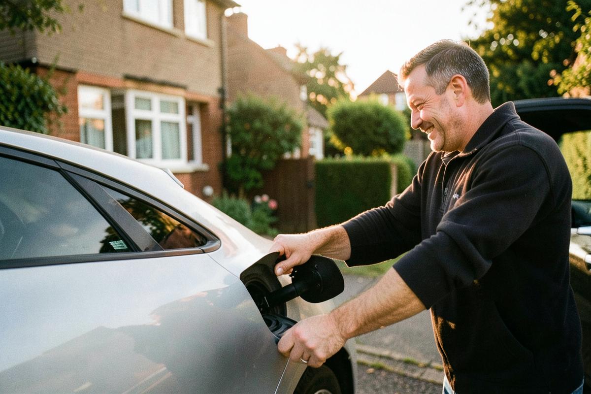 Smiling man closing the charge port of an electric car outside a UK home