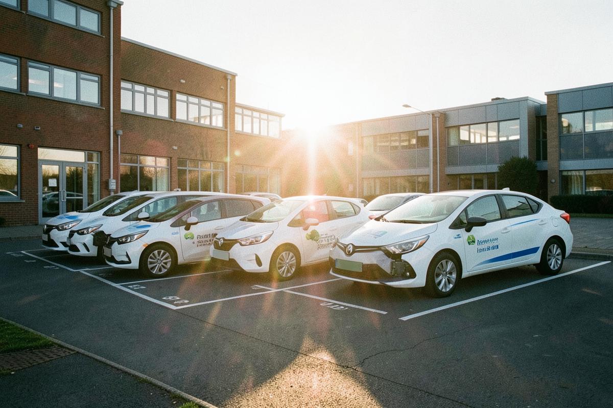 Electric company cars charging in marked bays at a UK campus